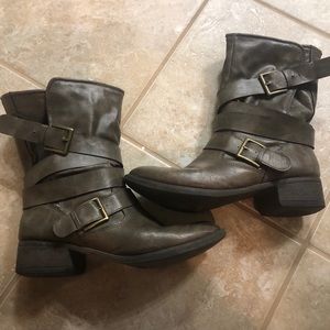 Grey faux leather ankle mid calf strappy boots